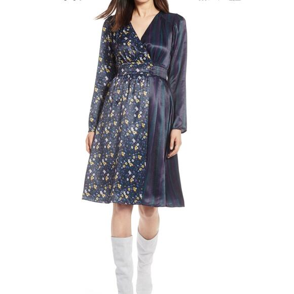 Halogen Nordstrom Floral Midi Plaid Mixed Media Dress Long Sleeve Sz 6 Boho - Picture 1 of 4